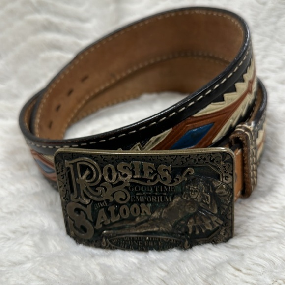 Rosie's Good Time Emporium & Saloon Brass Buckle & JUSTIN Tooled Leather BELT 36 - Picture 4 of 8
